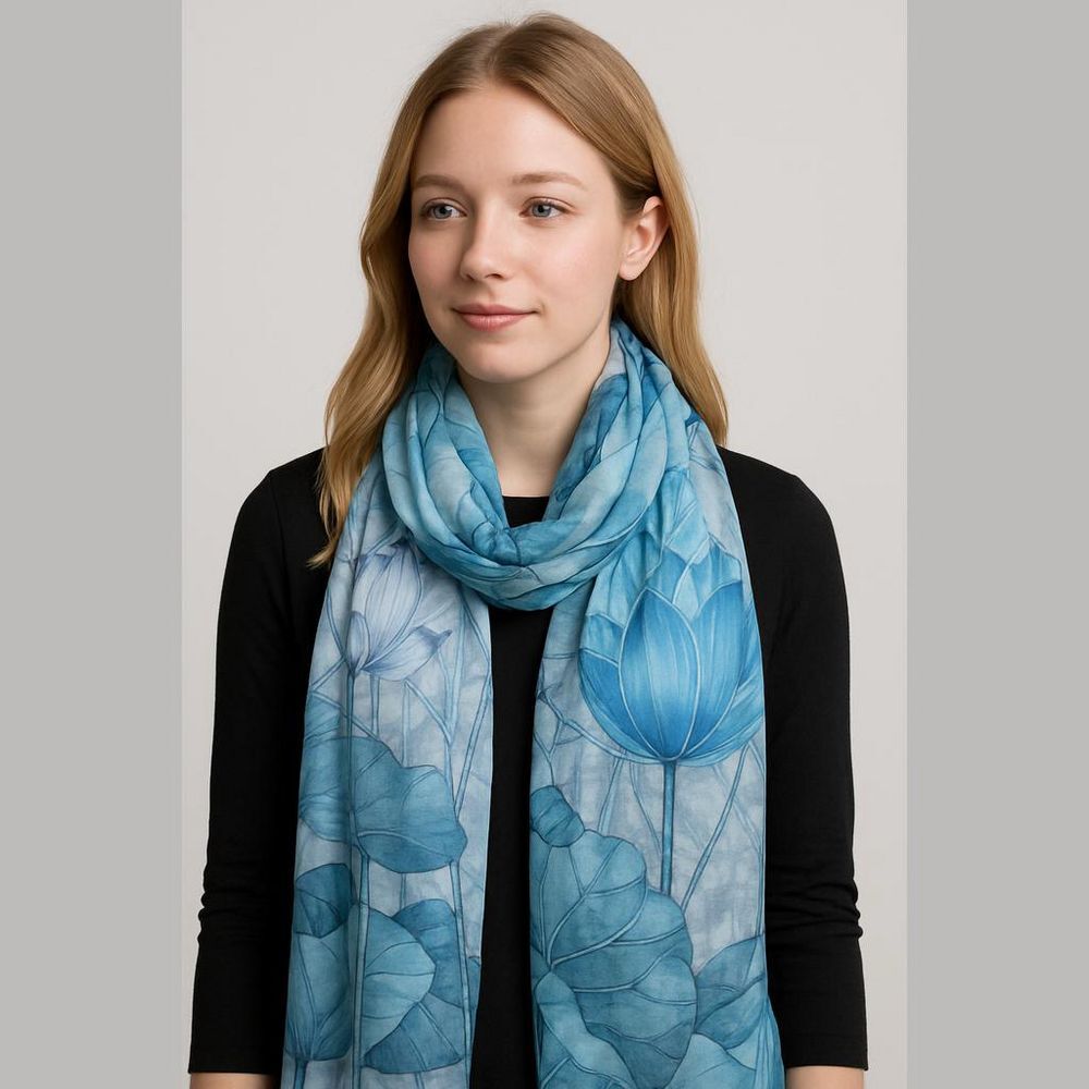 Blue Floral Scarf 100% Polyester 17 x 27